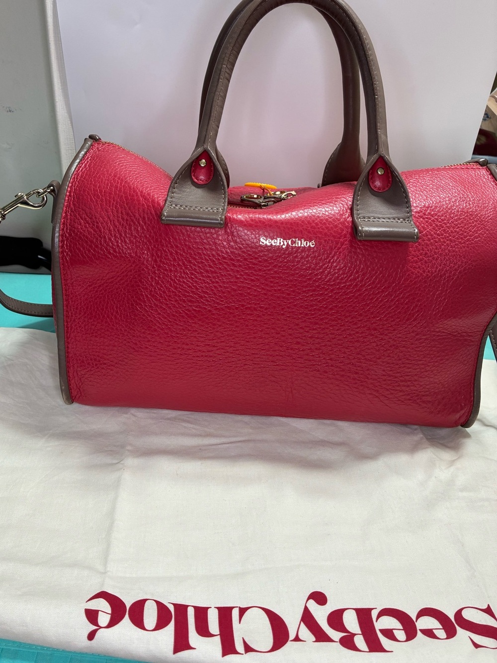 See By Chloe Pink Pebbled Leather Tote with Taupe Handles